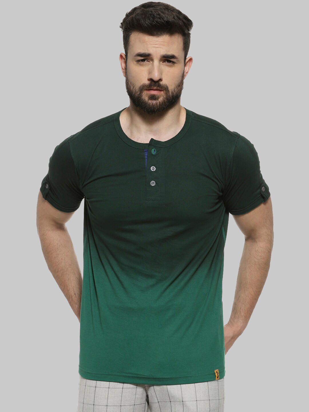 CAHOOT Green Henley Neck Short Sleeves Casual Cotton T-shirt