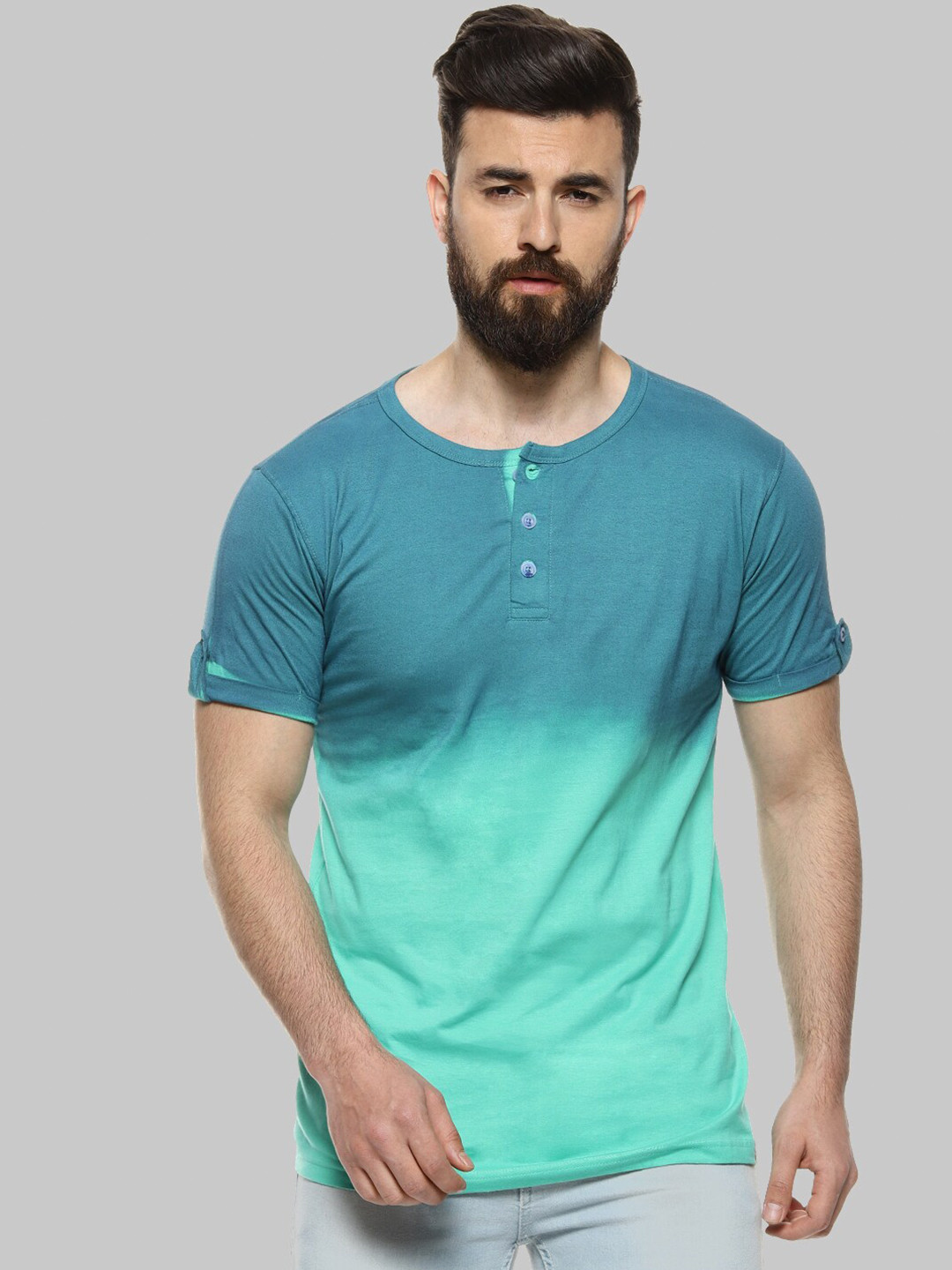 Campus Sutra Green Henley Neck Short Sleeves Casual Cotton T-shirt