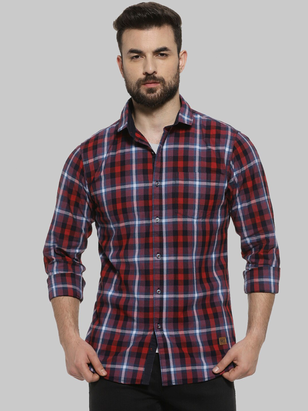 Campus Sutra Red Classic Checked Cotton Casual Shirt