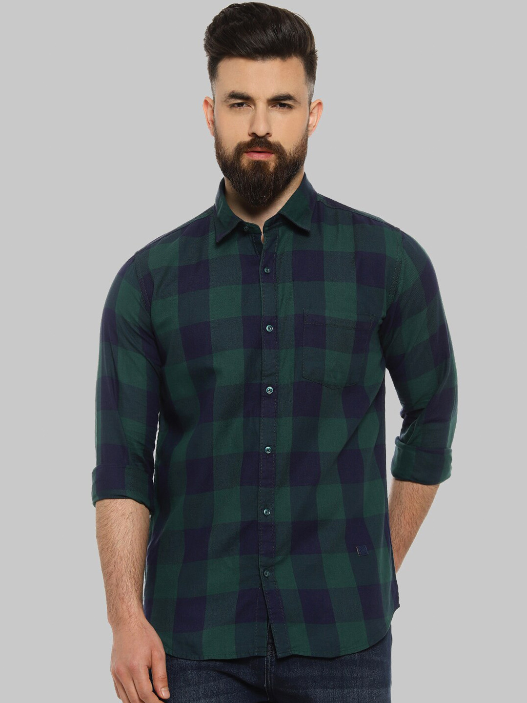 Campus Sutra Green Classic Fit Tartan Checks Cotton Casual Shirt