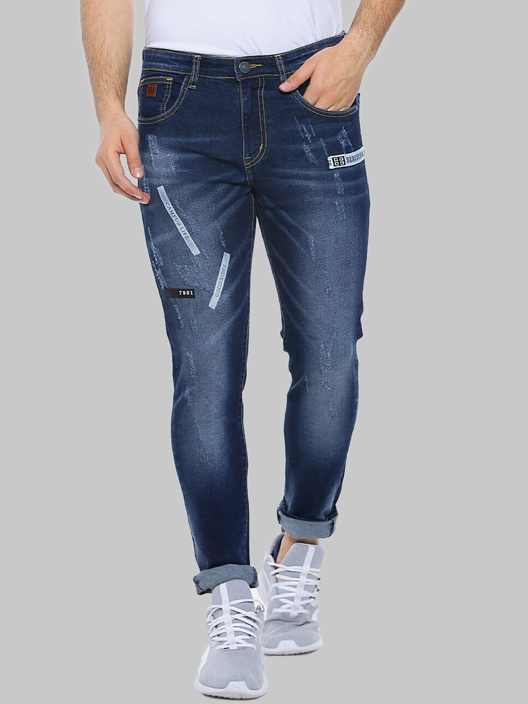 Campus Sutra Men Blue Smart Light Fade Whiskers Cat Scratches Cotton Slim Fit Jeans