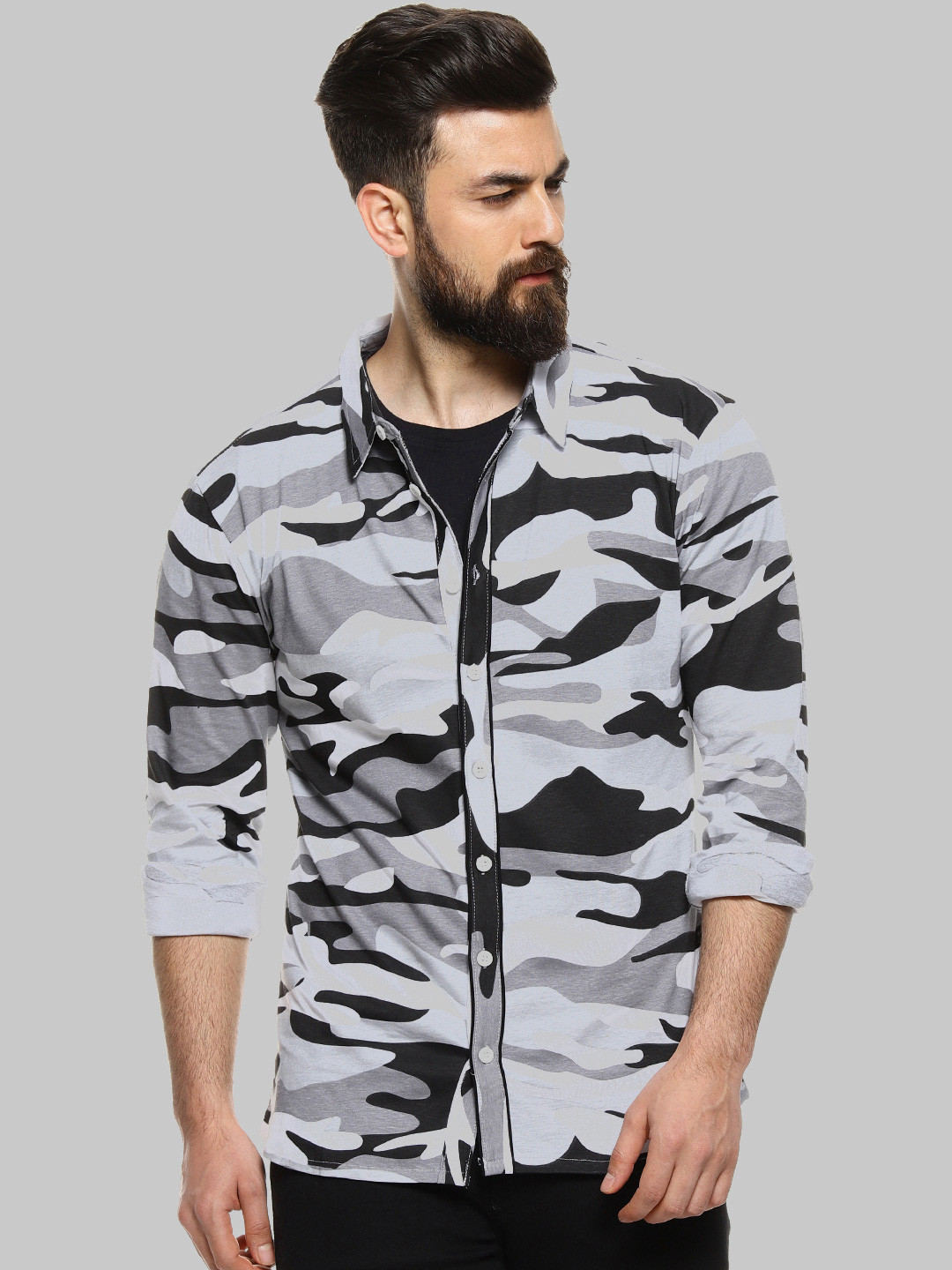Campus Sutra Grey & Black Classic Camouflage Printed Cotton Casual Shirt