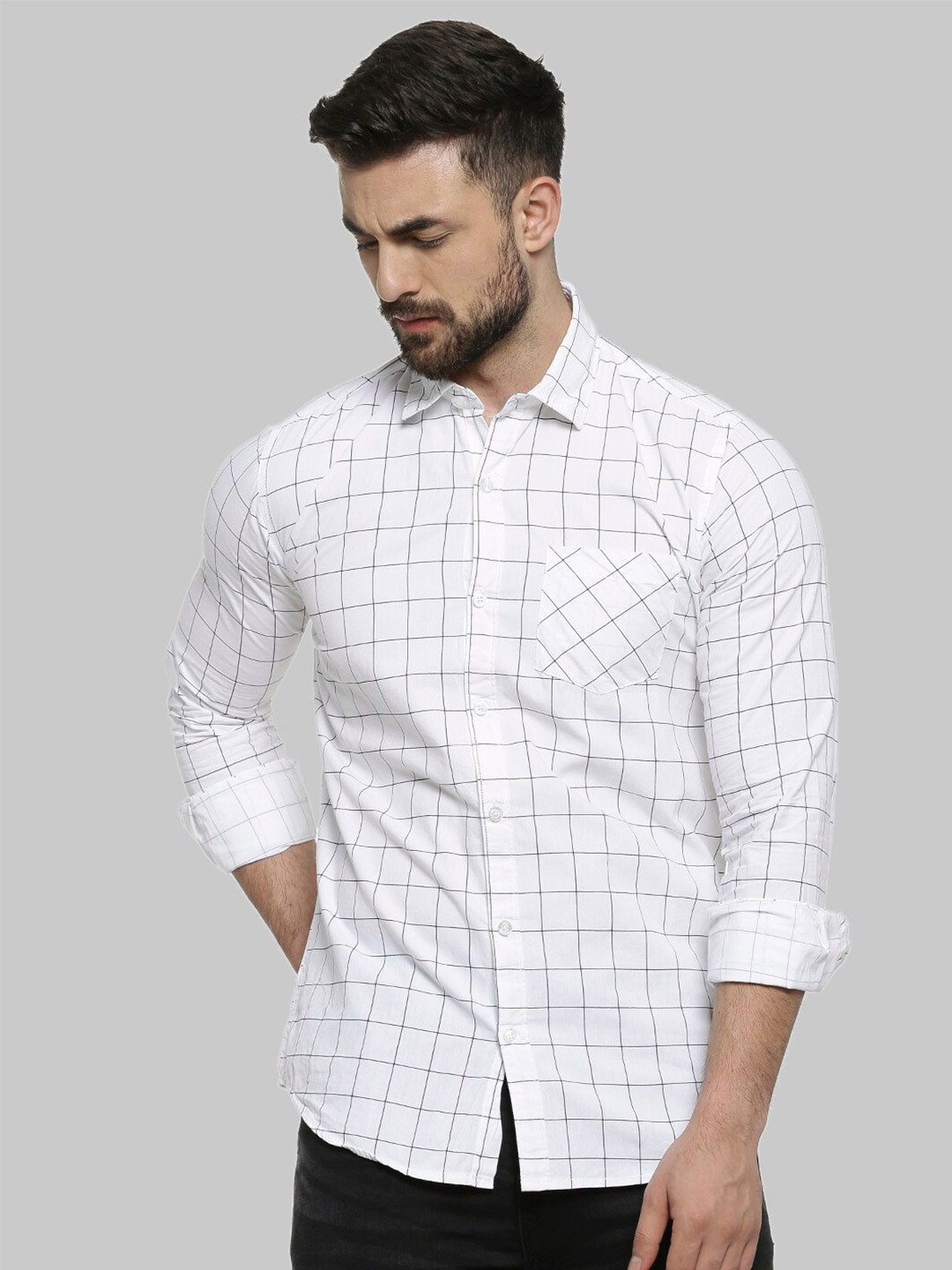 Campus Sutra White Windowpane Checks Classic Fit Cotton Casual Shirt