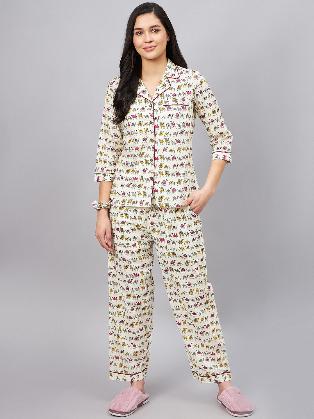 WineRed Conversational Printed Pure Cotton Night Suit With Scrunchy