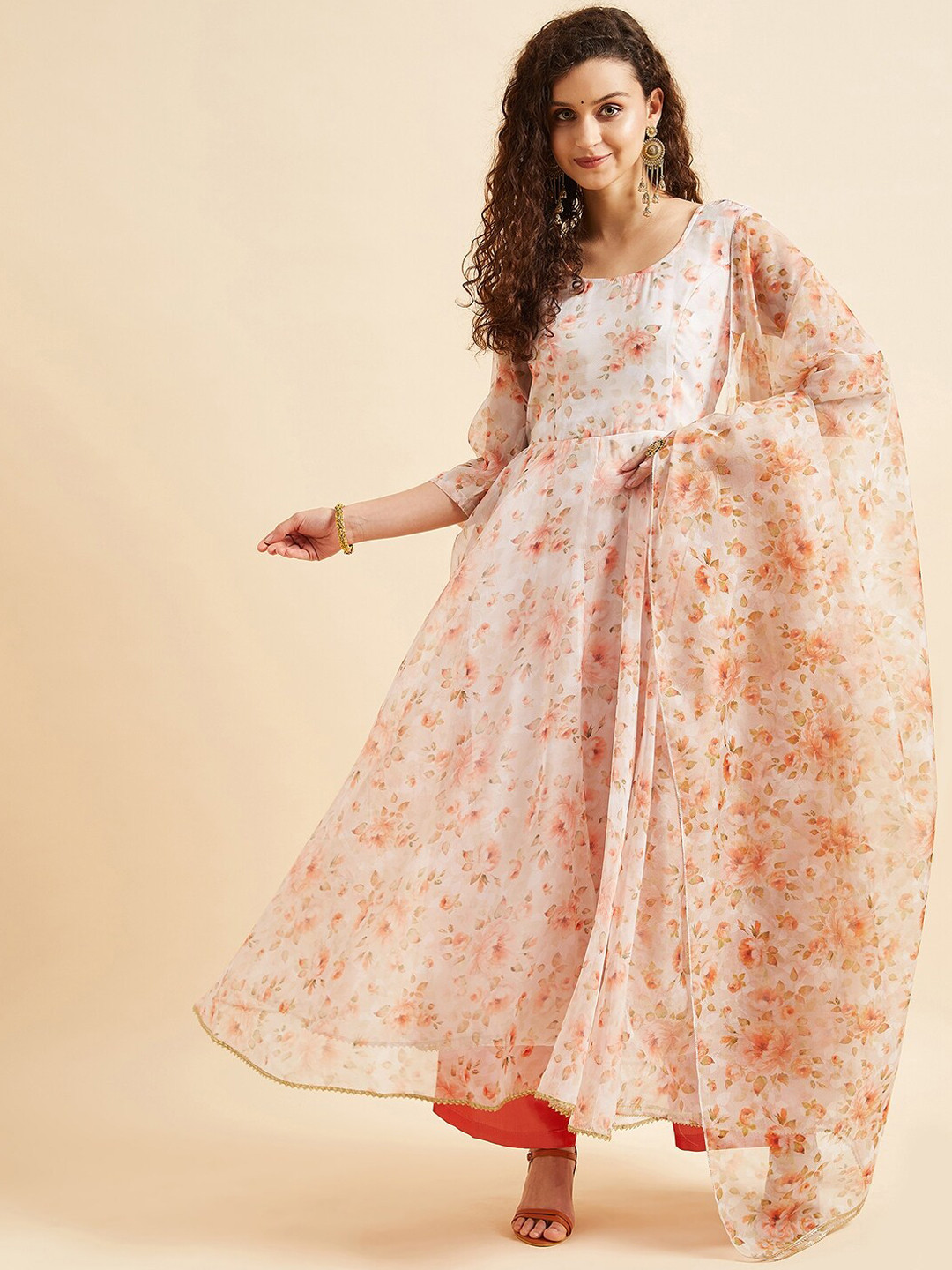 PANIT Off-White & Orange Floral Printed Gotta Patti Anarkali Kurta with Palazzos & Dupatta