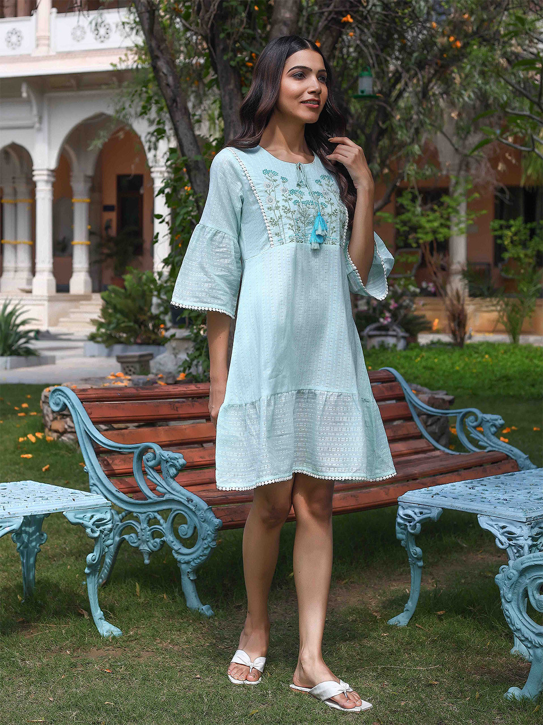Do Dhaage Floral Embroidered Bell Sleeves A-Line Ethnic Dress