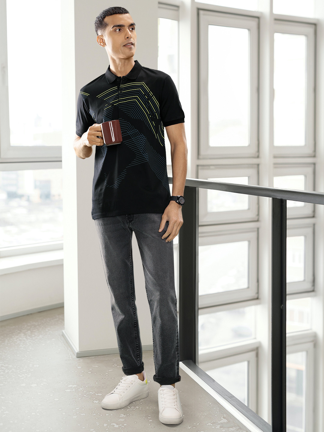 Allen Solly Geometric Printed Polo Collar Pure Cotton Casual T-shirt