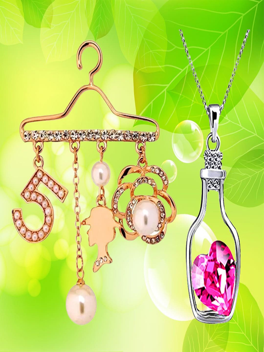 UNIVERSITY TRENDZ Women Set Of Heart Crystal Pendant & Faux Pearl Hanger Dangle Brooch