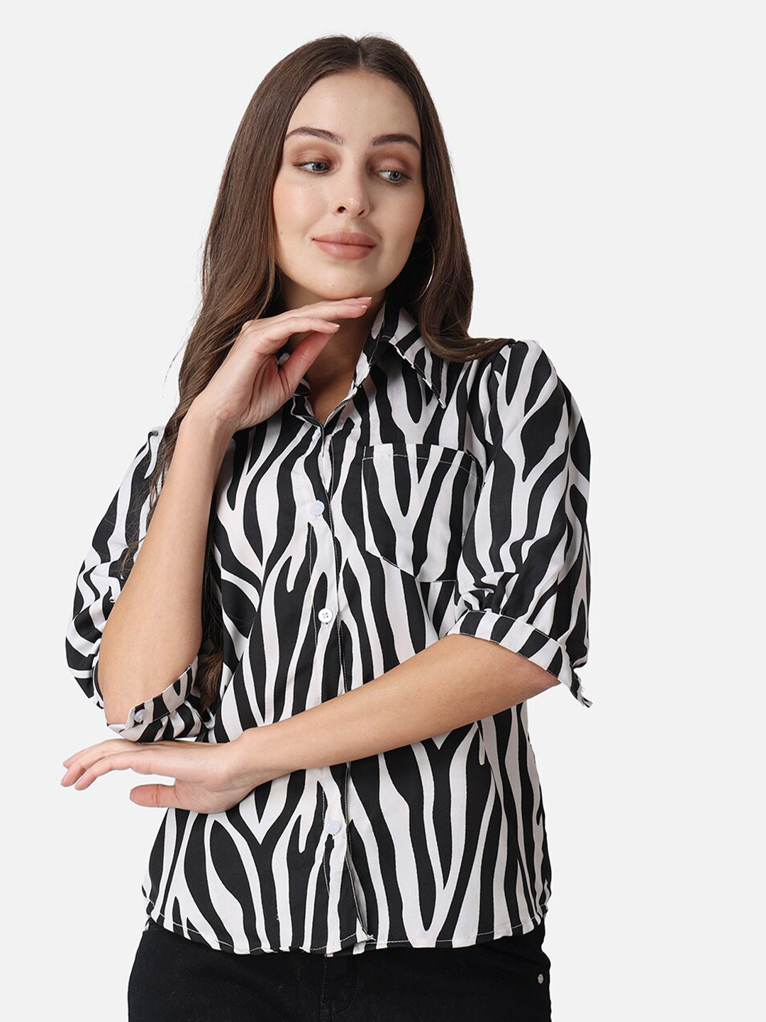 Cation Black Abstract Printed Spread Collar Puff sleeves Classic Slim Fit Casual Shirt