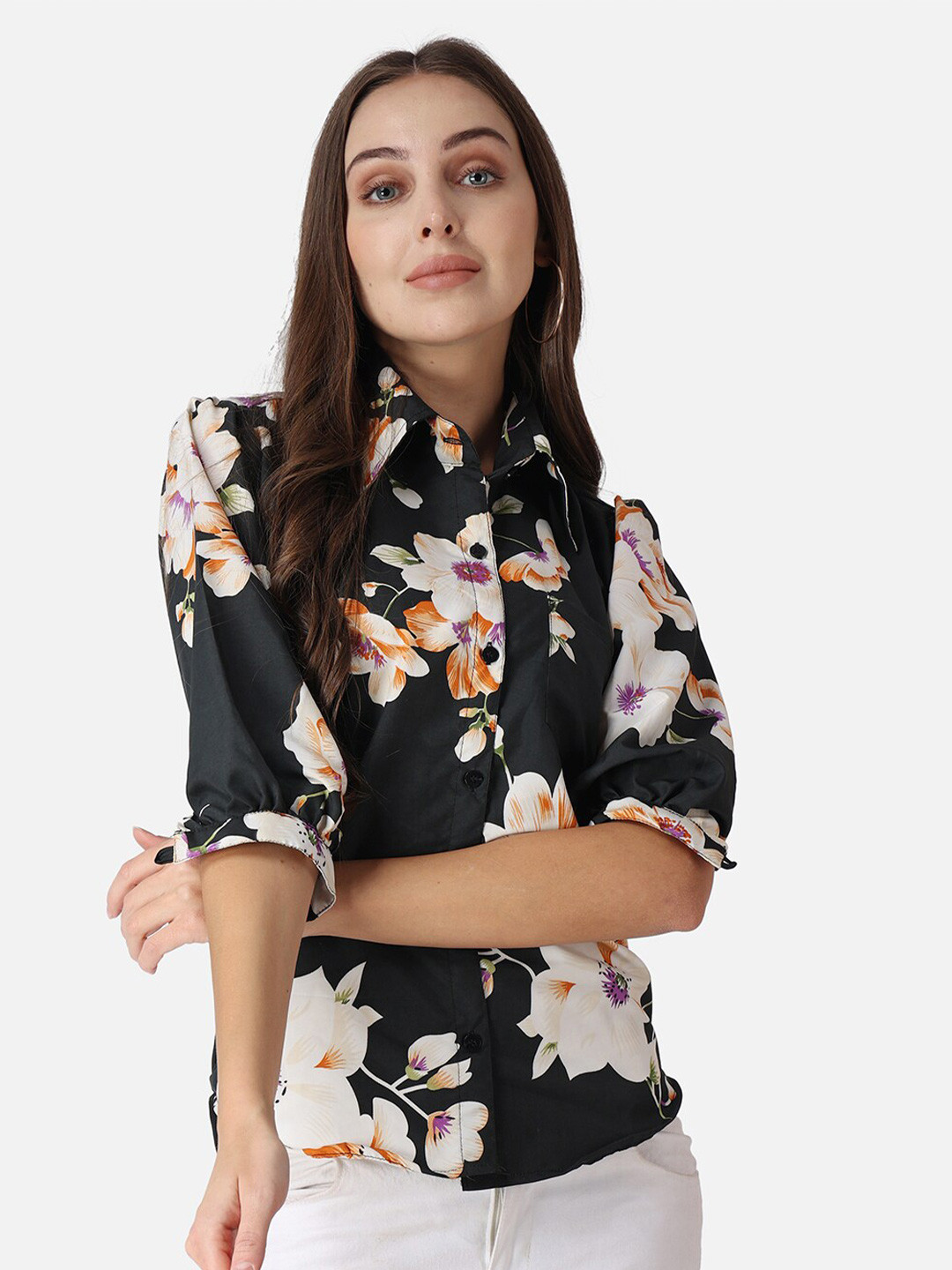 Cation Black And Off White Classic Slim Fit Floral Printed Casual Shirt