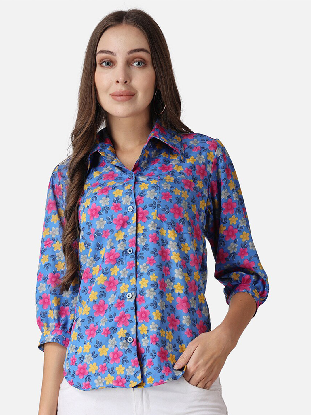 Cation Blue And Pink Classic Slim Fit Floral Printed Casual Shirt