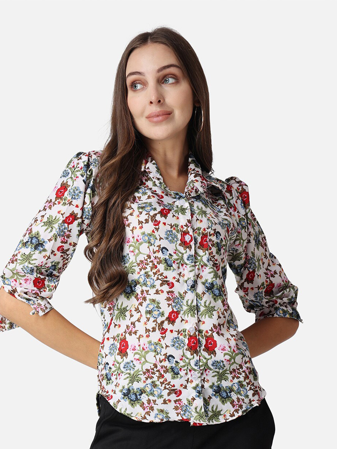 Cation White & Red Floral Printed Spread Collar Puff sleeves Classic Slim Fit Shirt