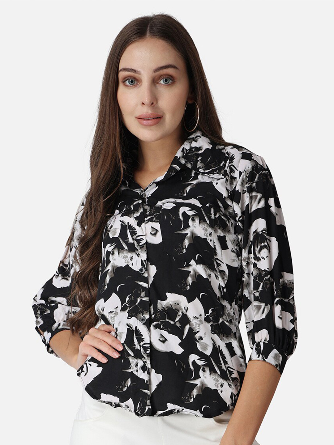 Cation Black Floral Printed Spread Collar Puff sleeves Classic Slim Fit Casual Shirt