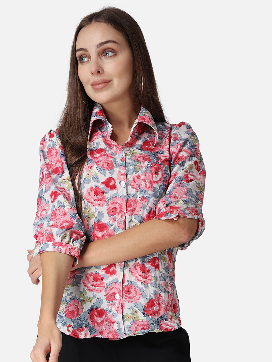 Cation White And Pink Classic Slim Fit Floral Printed Casual Shirt