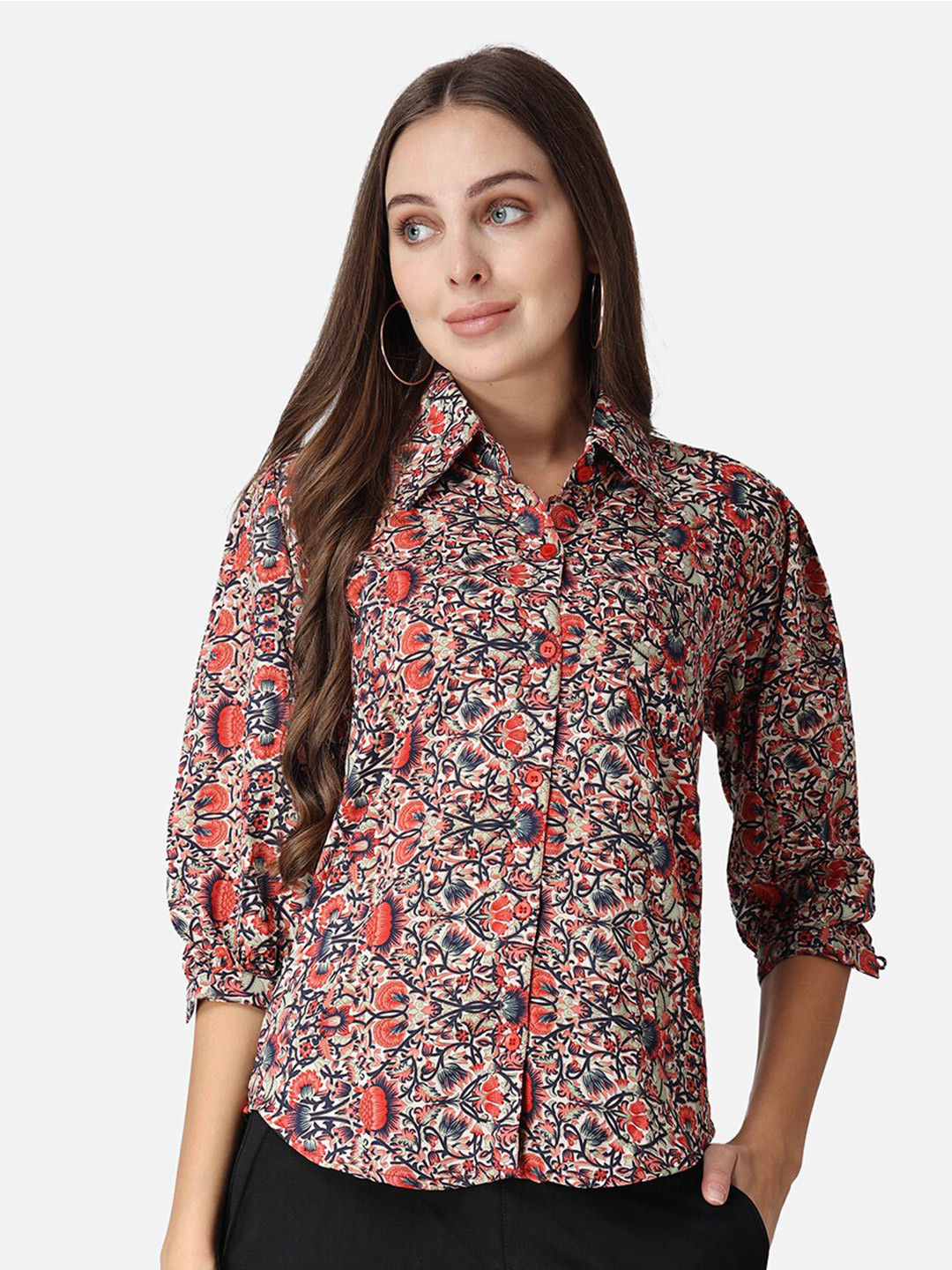 Cation Red Classic Slim Fit Floral Printed Casual Shirt