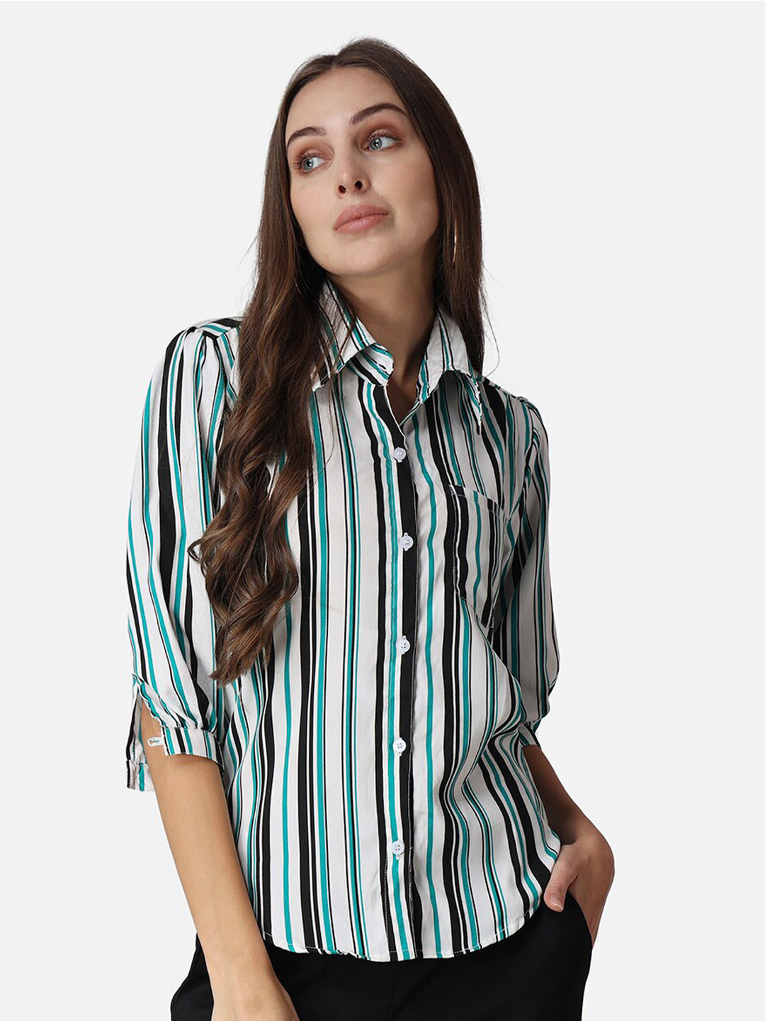 Cation White & Navy Blue Striped Spread Collar Puff sleeves Classic Slim Fit Shirt