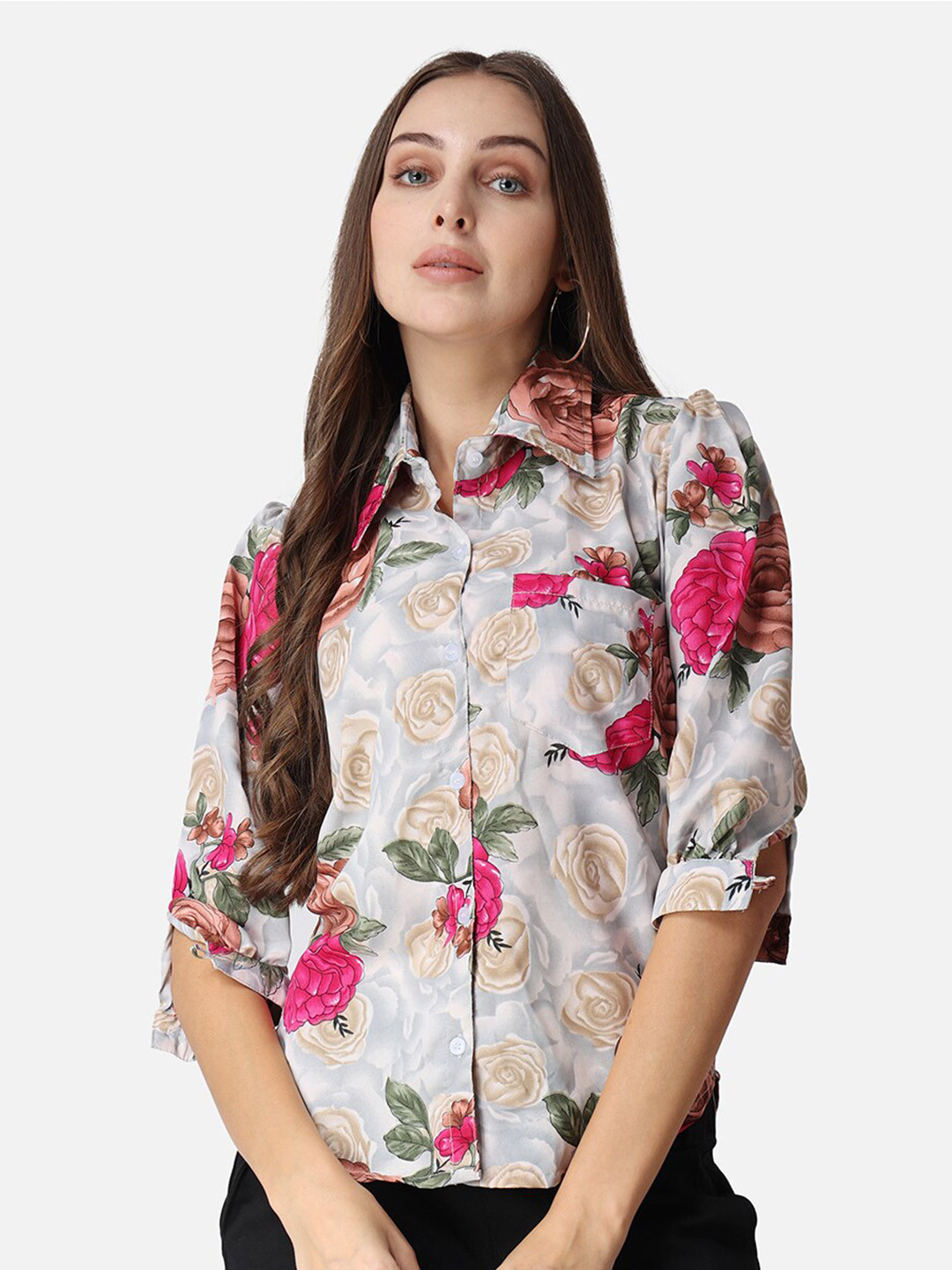 Cation Grey And Pink Classic Slim Fit Floral Printed Puffed Sleeves Casual Shirt