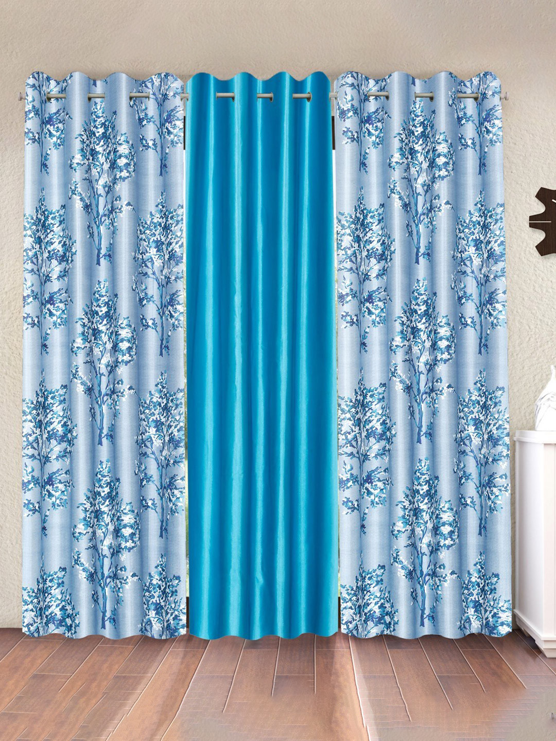 Fashion String Blue & White 3 Pieces Floral Blossoms Printed Long Door Curtain
