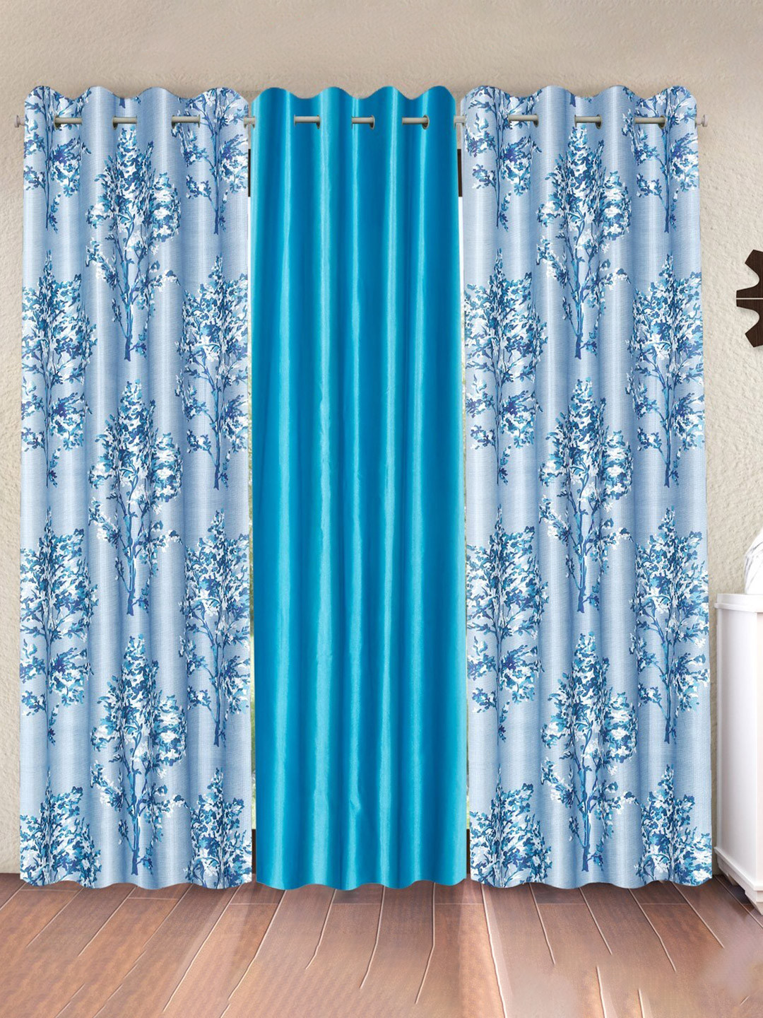 Fashion String Blue & White 3 Pieces Floral Blossoms Window Curtain