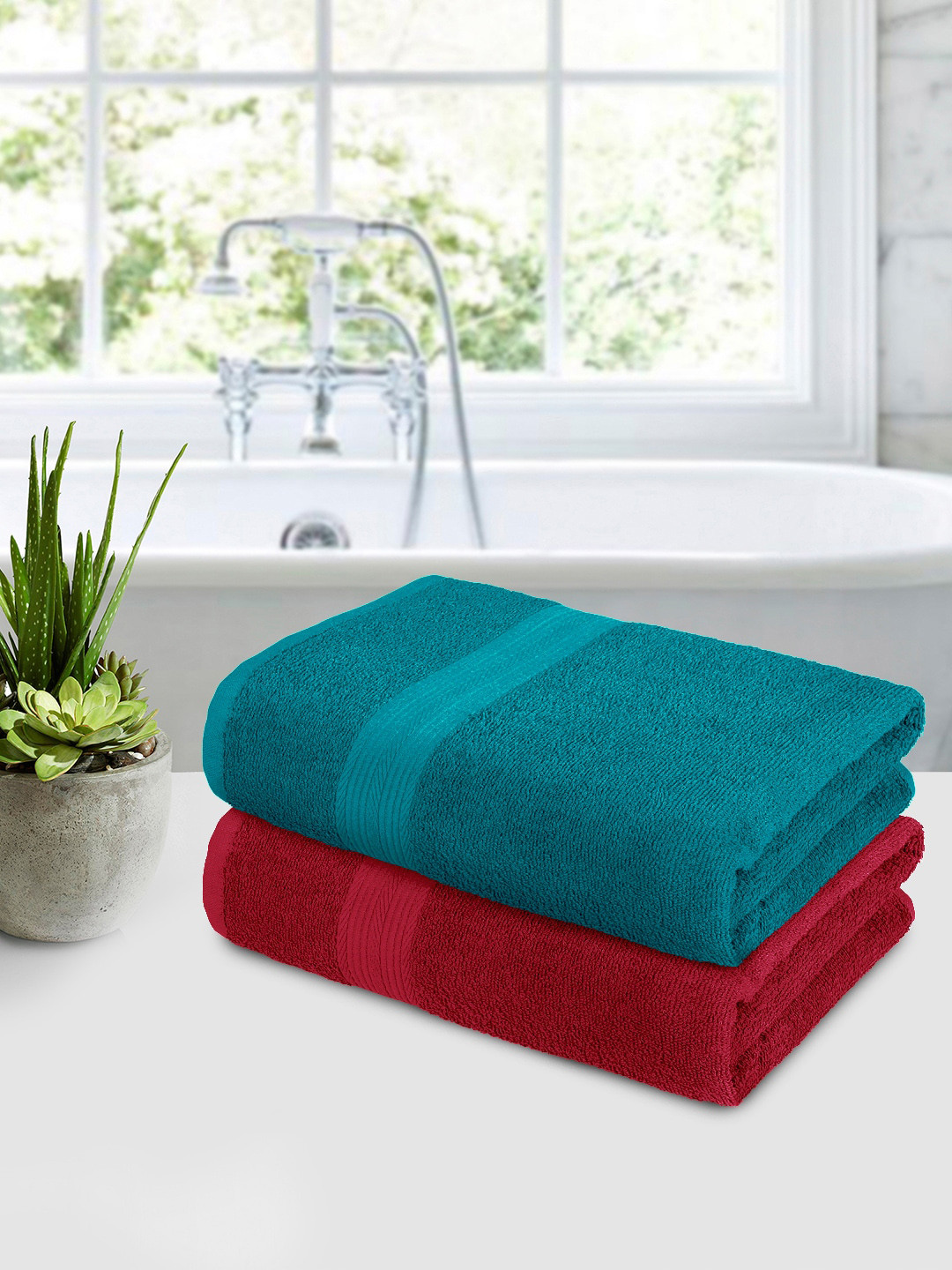 Bedspun Teal Green & Burgundy 2 Pieces Terry Cotton 350GSM Bath Towels