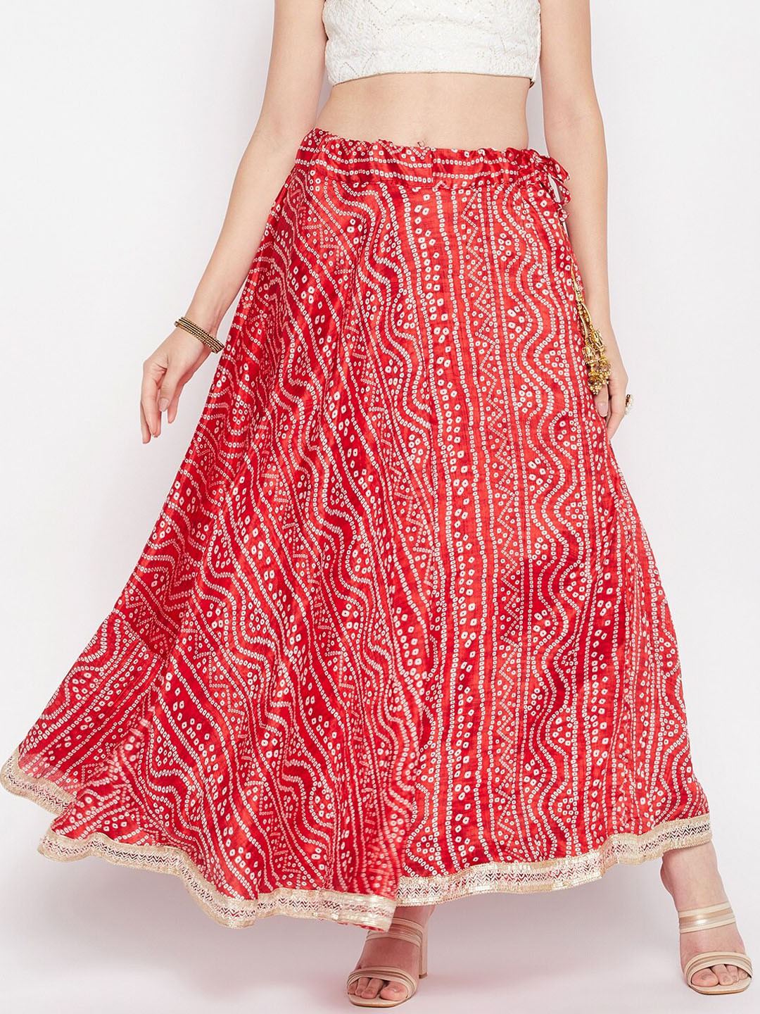Clora Bandhani Print Flared Maxi Skirt With Gotta Patti Detail