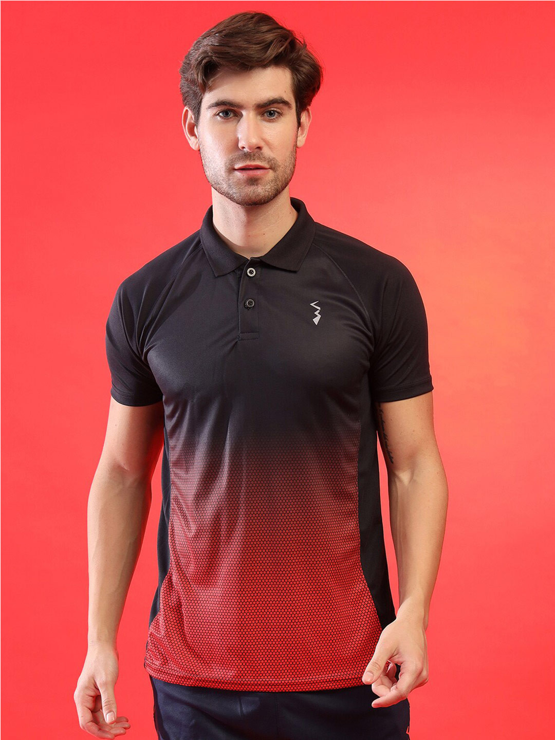 Campus Sutra Red & Black Polo Collar Short Sleeves Running Dry Fit Sports T-shirt