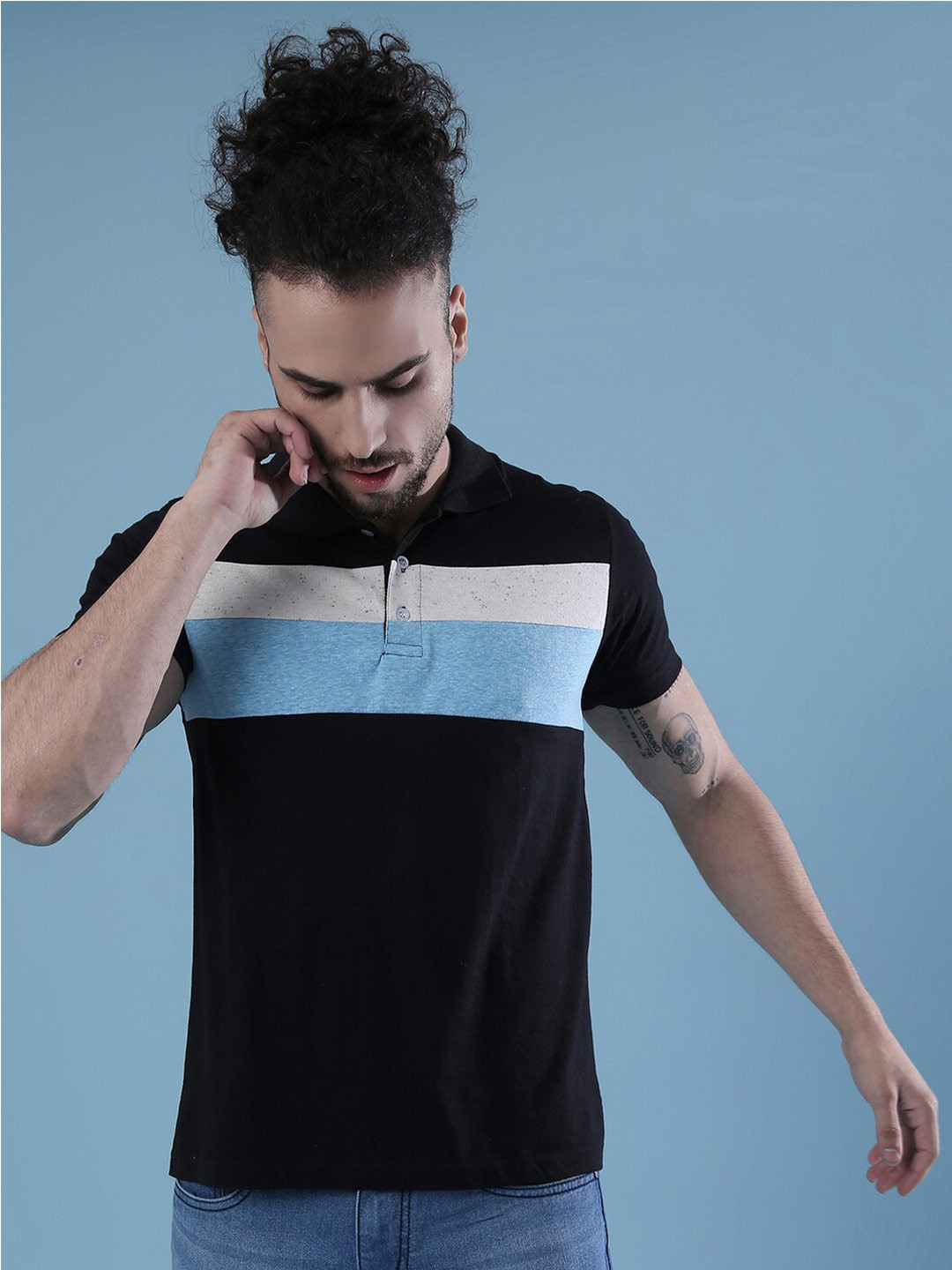 Campus Sutra Black Striped Polo Collar T-shirt