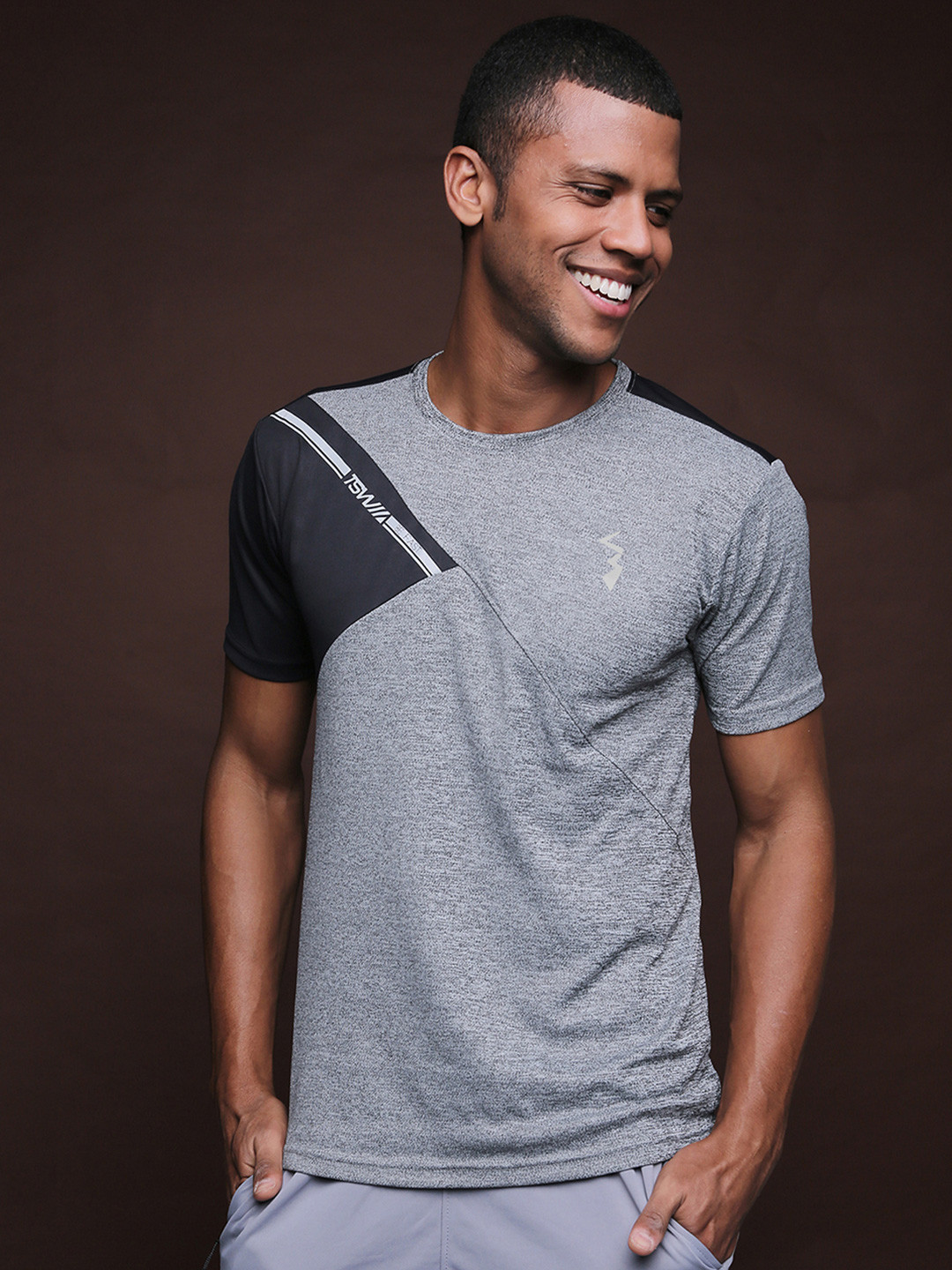 Campus Sutra Grey Colourblocked Dry Fit Sports T-shirt