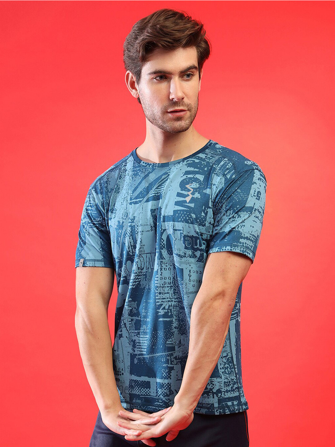 Campus Sutra Teal Abstract Printed Dry-Fit Training T-shirt