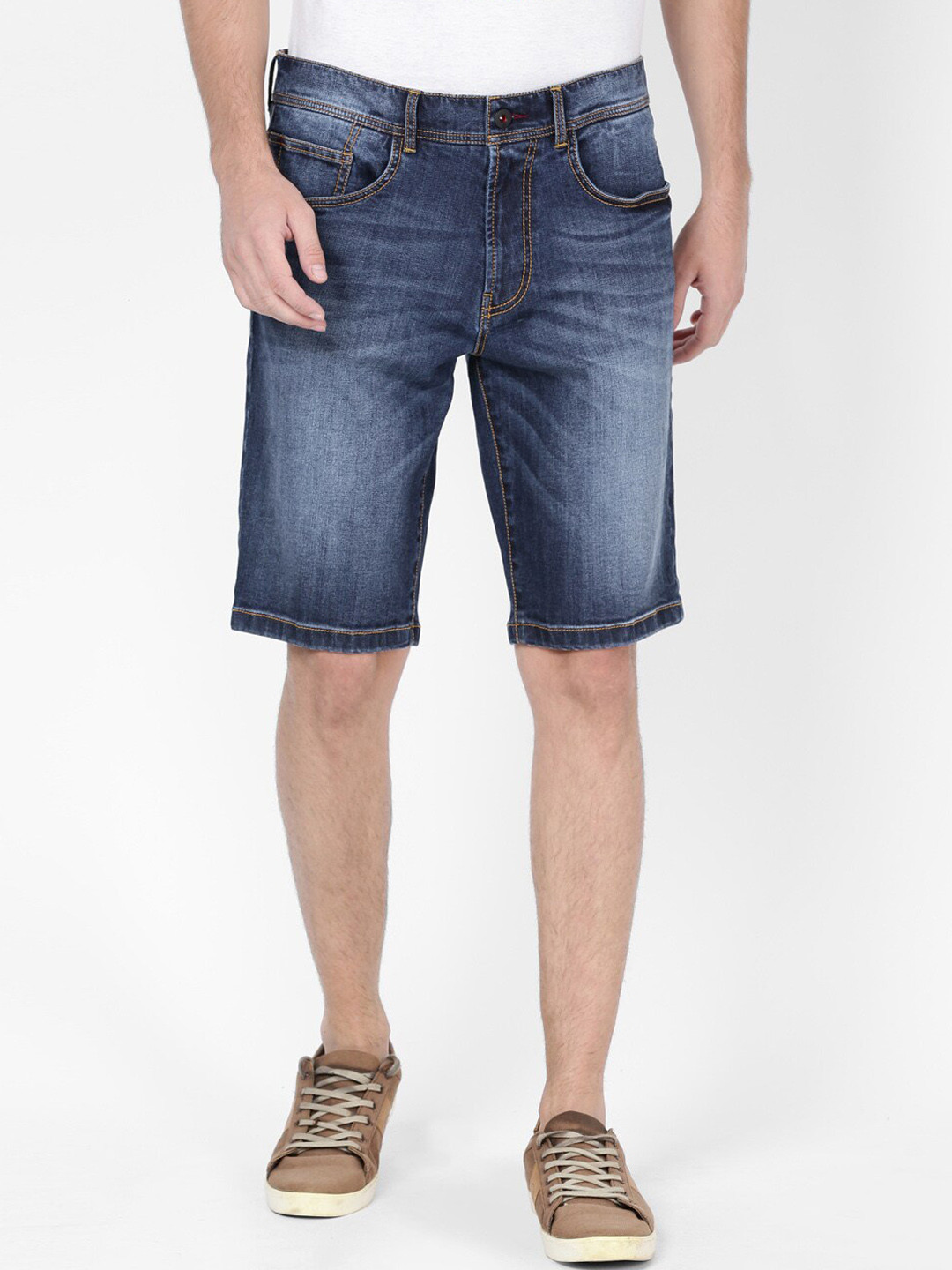t-base Men Washed Mid Rise Cotton Denim Shorts