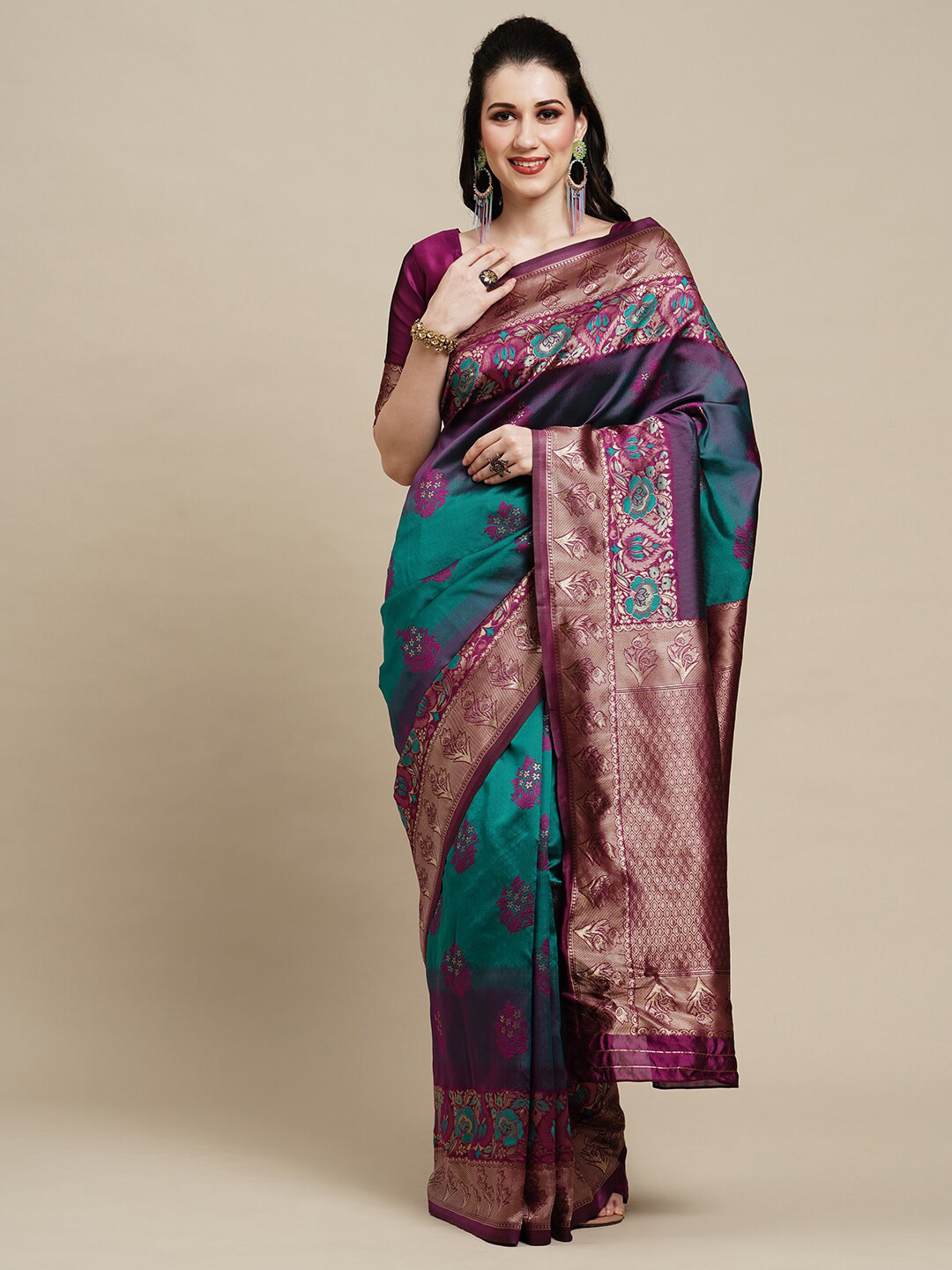 Saree mall Teal & Purple Floral Woven Design Zari Silk Blend Kanjeevaram Sarees