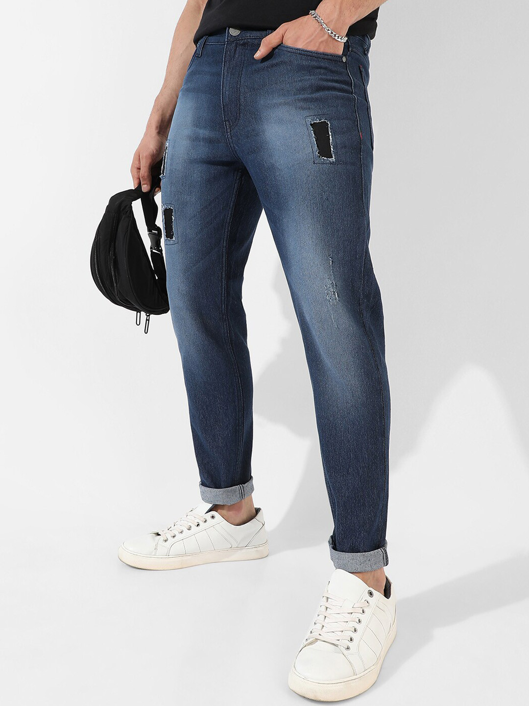 Campus Sutra Men Navy Blue Smart Light Fade Cat Scratches Cotton Slim Fit Jeans