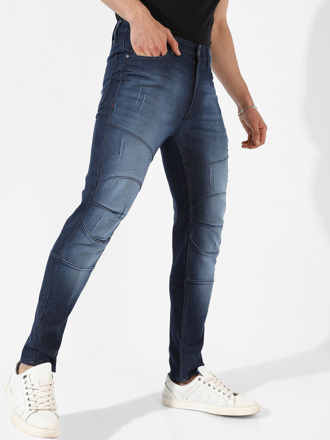 Campus Sutra Men Navy Blue Smart Light Fade Cat Scratches Cotton Slim Fit Jeans