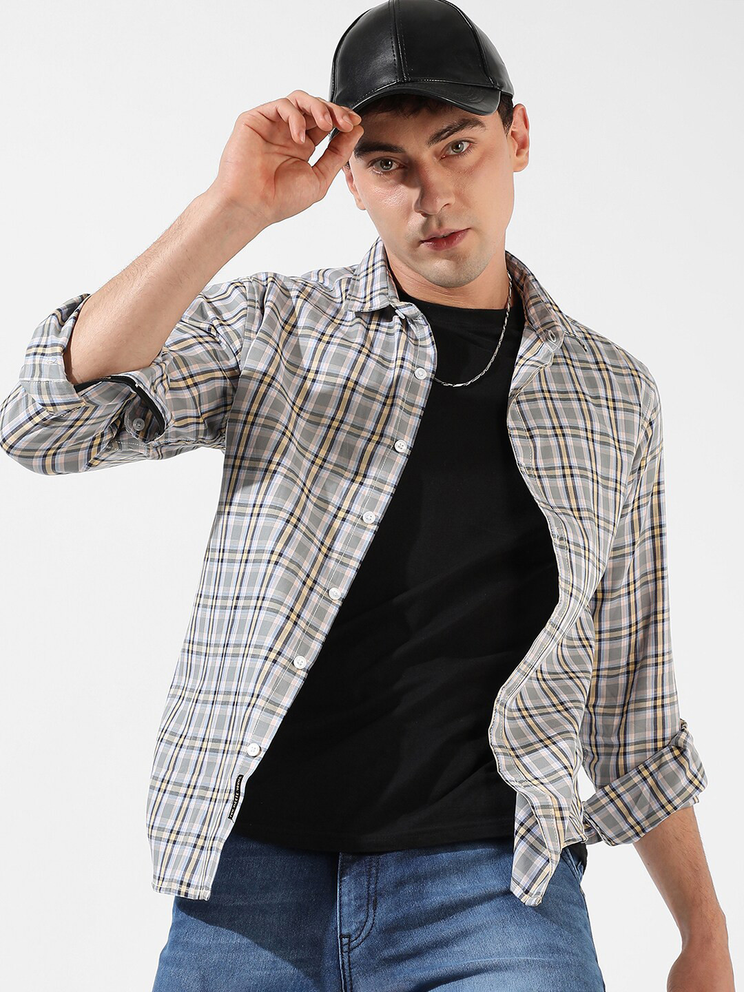 Campus Sutra Grey & White Tartan Checks Classic Fit Cotton Casual Shirt