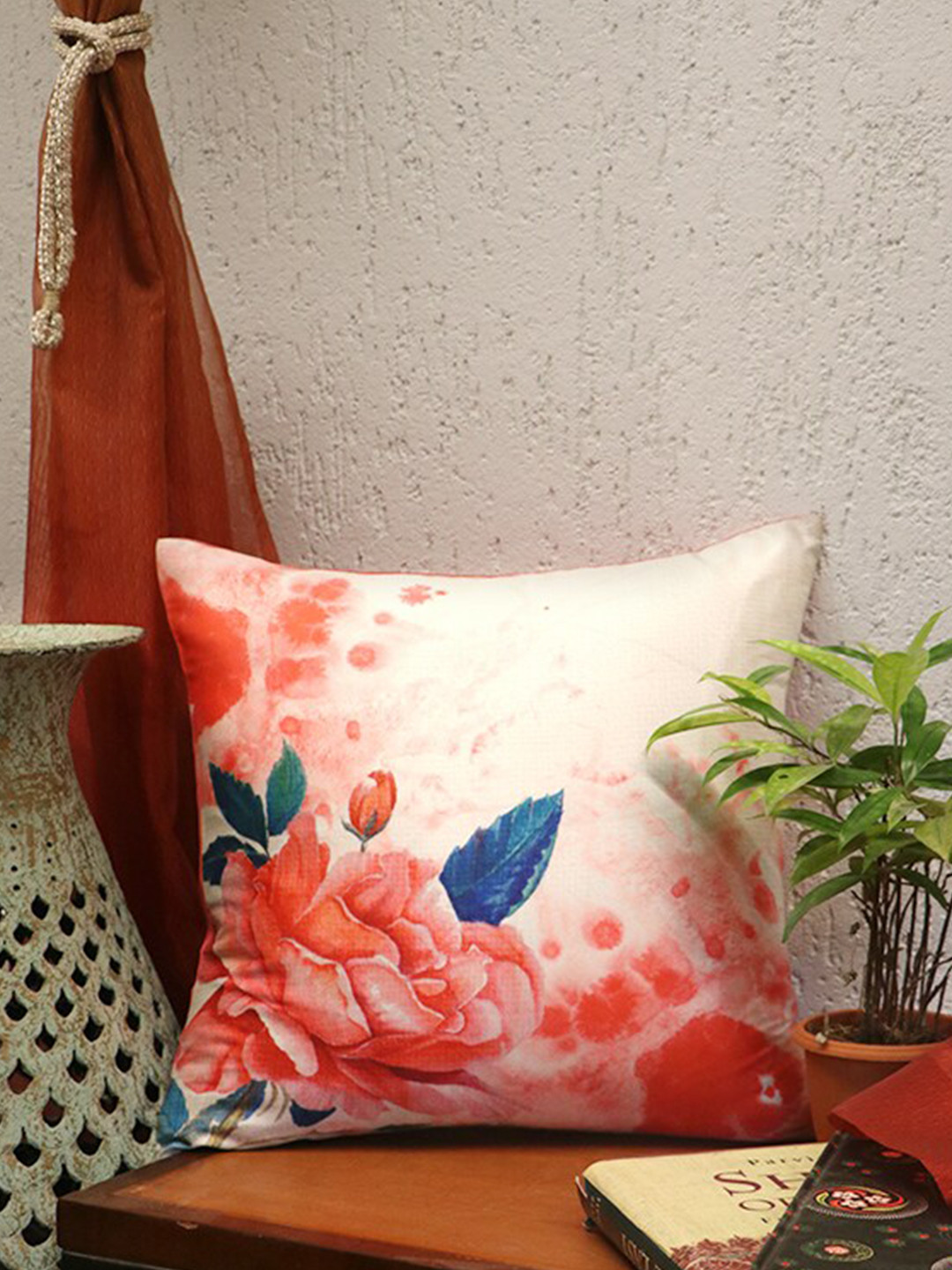 ZEBA Red Floral Polycanvas Breathable Square Cushion Cover -16x16In