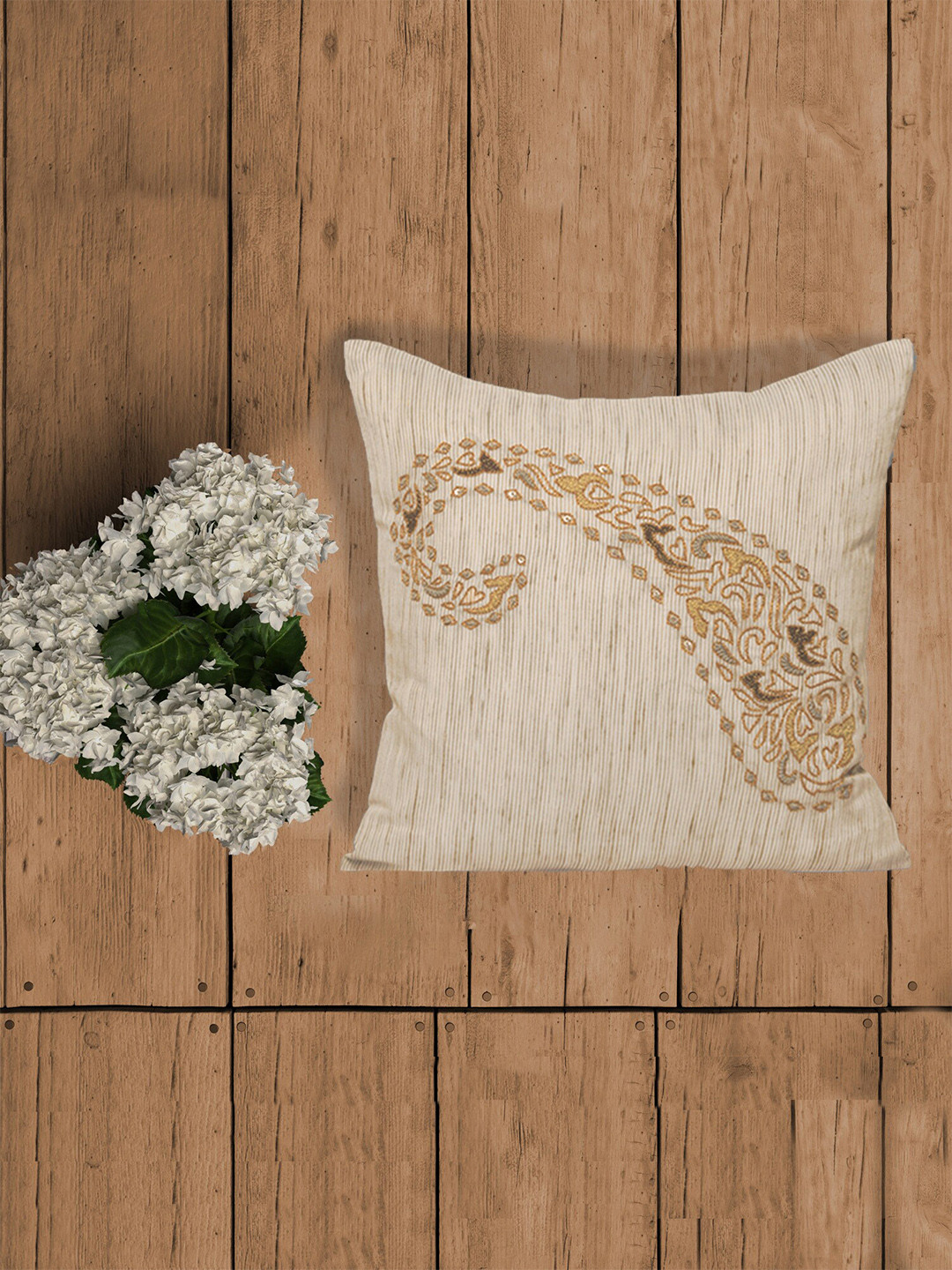 ZEBA World Beige Embroidered Ethnic Motifs Square Cushion Cover