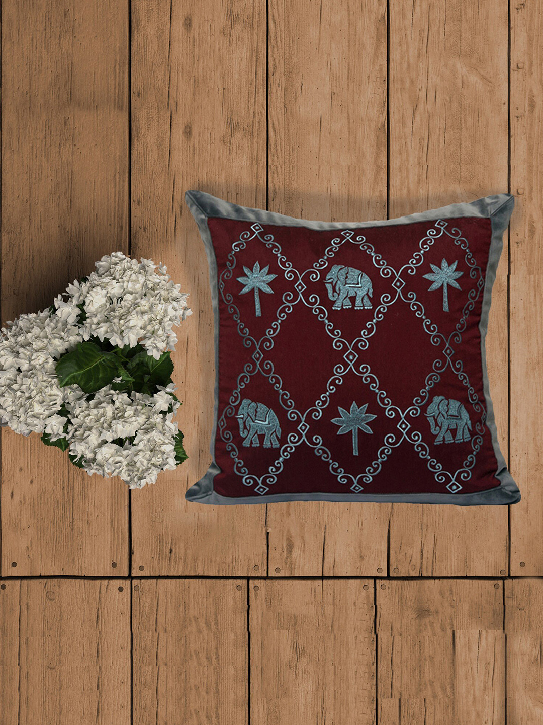 ZEBA Maroon Velvet Durable Embroidered Square Cushion Cover -16x16In
