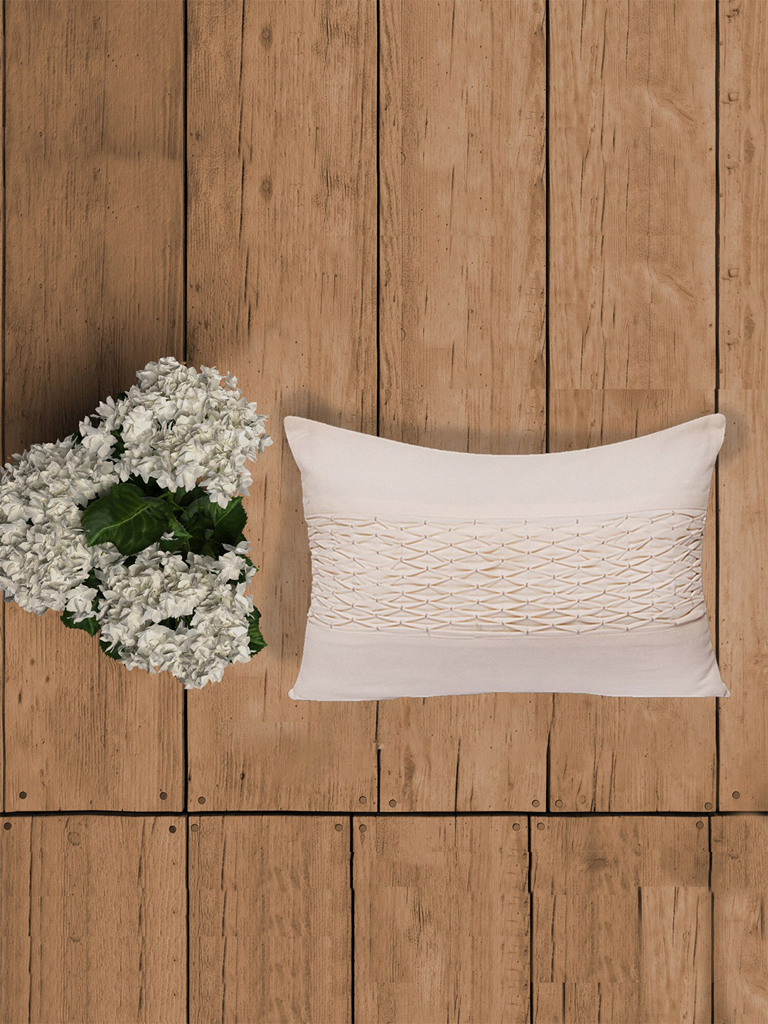 ZEBA Cream Cotton Breathable Embroidered Rectangle Cushion Cover -12x18In