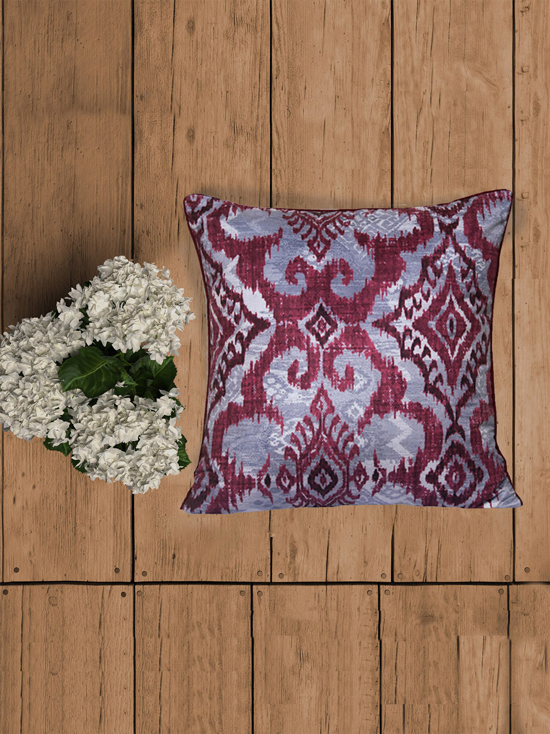 ZEBA Printed Maroon Ethnic Motifs Velvet Durable Square Cushion Cover -20x20In