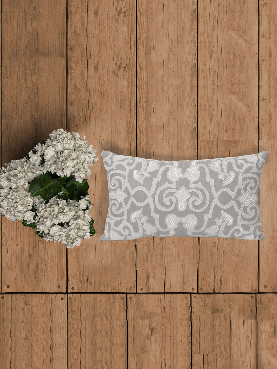 ZEBA World Beige & White Abstract Printed Rectangle Cotton Cushion Cover