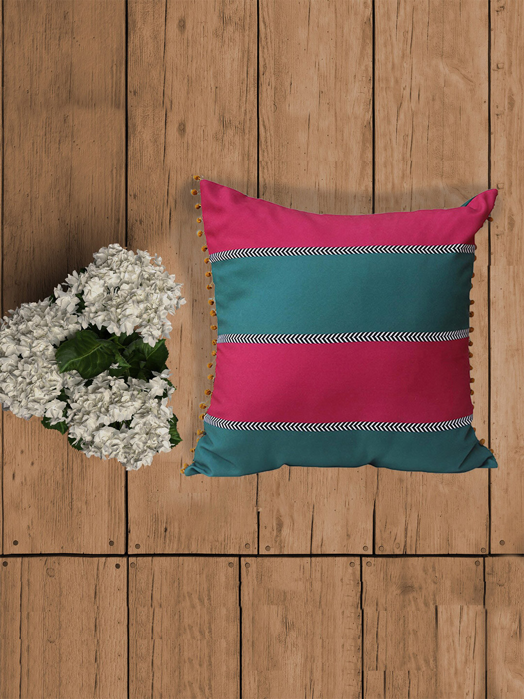 ZEBA Pink & Green Striped Square Cushion Cover