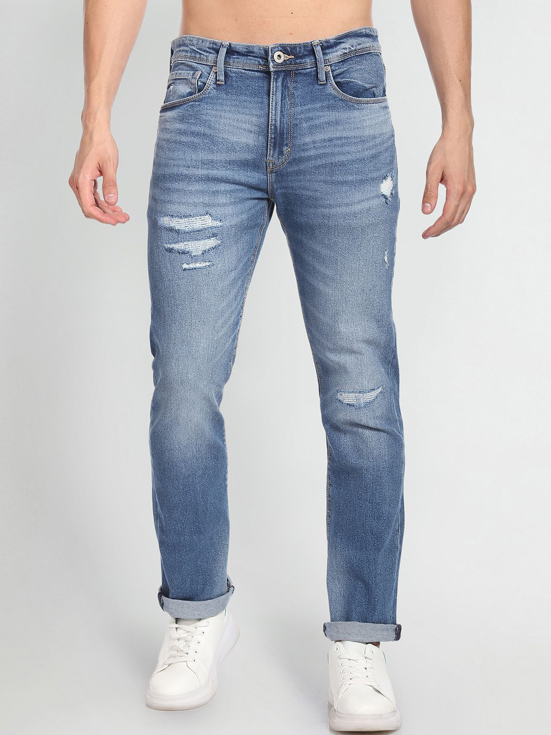 Flying Machine Men Mildly Distressed Heavy Fade Whiskers Jeans