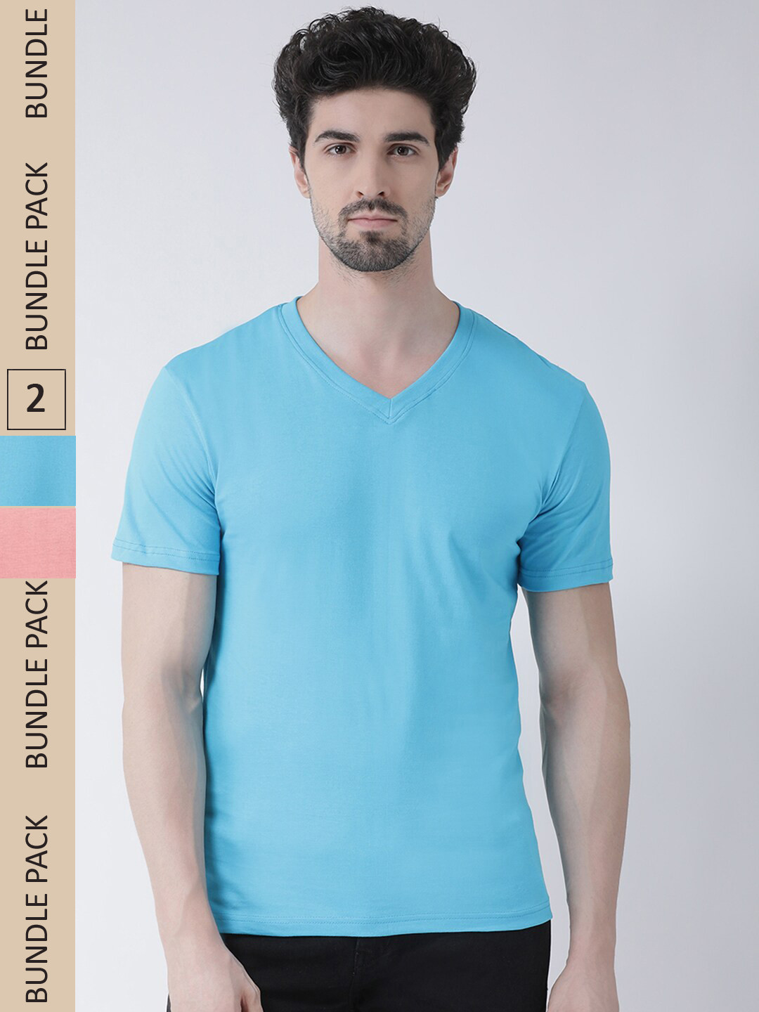 Friskers Pack Of 2 Pure Cotton Slim Fit V-Neck Short Sleeves T-shirts