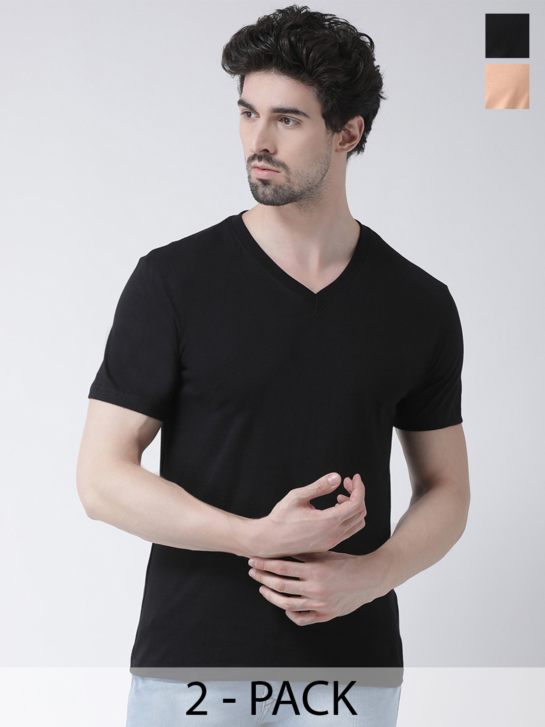 Friskers Pack Of 2 Pure Cotton Slim Fit V-Neck Short Sleeves T-shirts