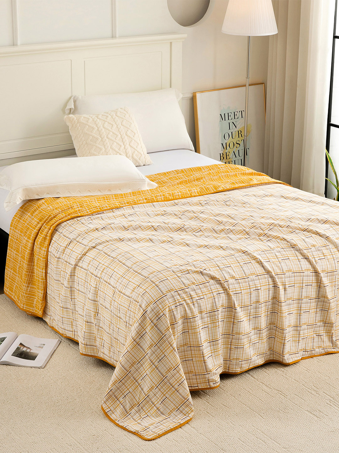 Story@home Yellow & White Checked AC Room 150 GSM Reversible Cotton Single Bed Dohar