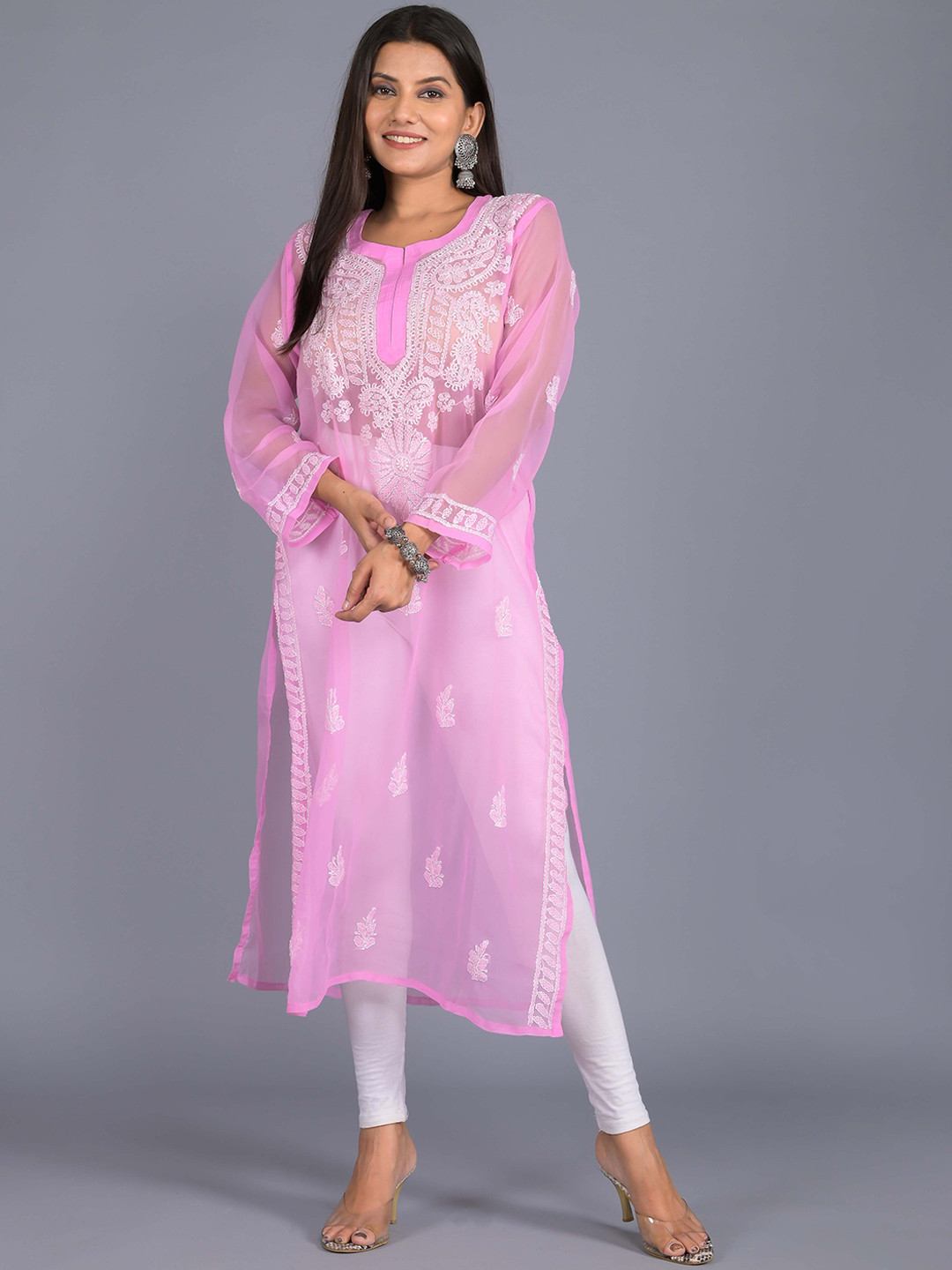 SHOOLIN Ethnic Motifs Embroidered Chikankari Georgette Kurta