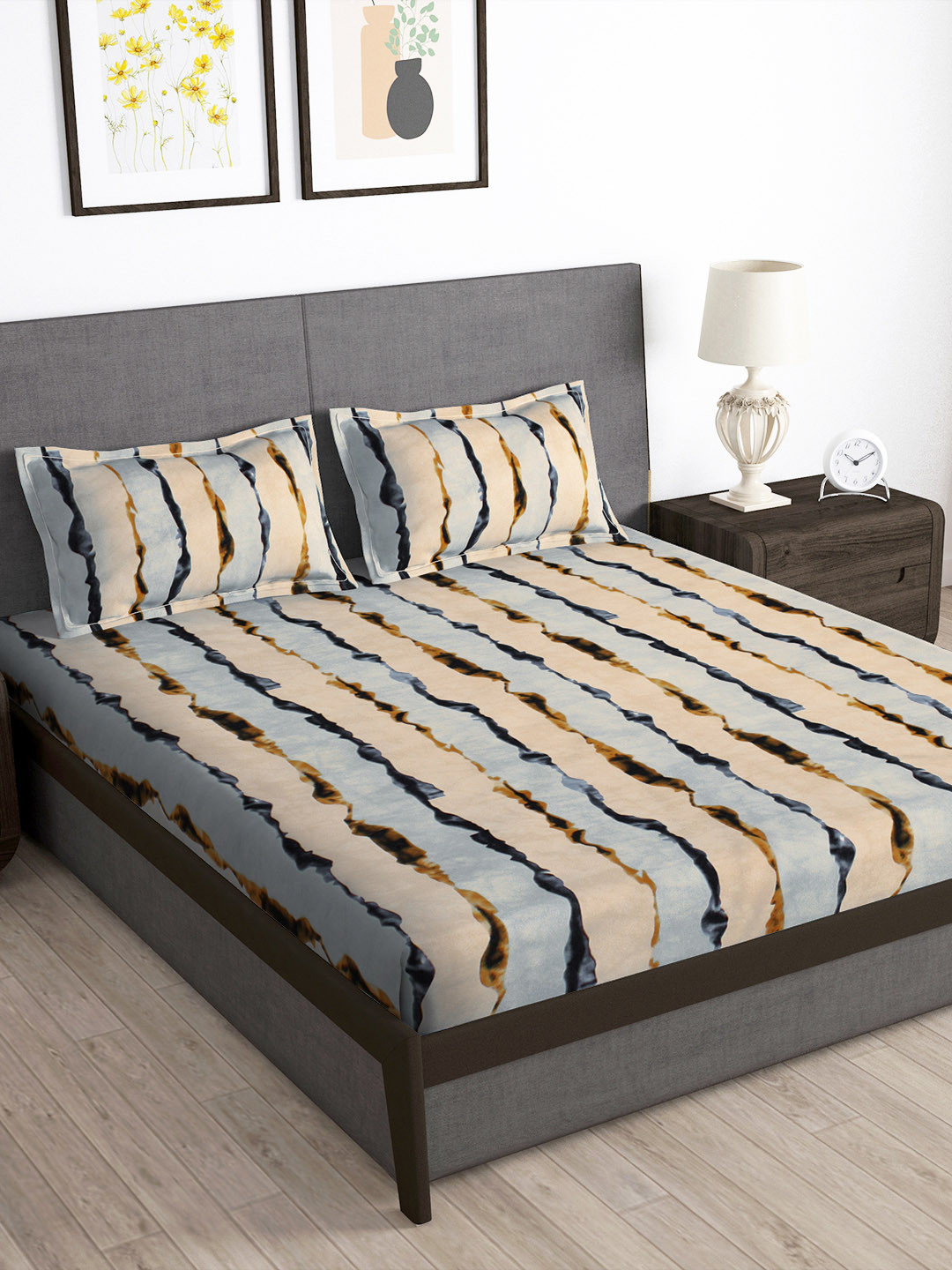 Story@home Arena Beige Striped Polycotton 180 TC Queen Fine Bedsheet with 2 Pillow Covers-89 x 98 inches