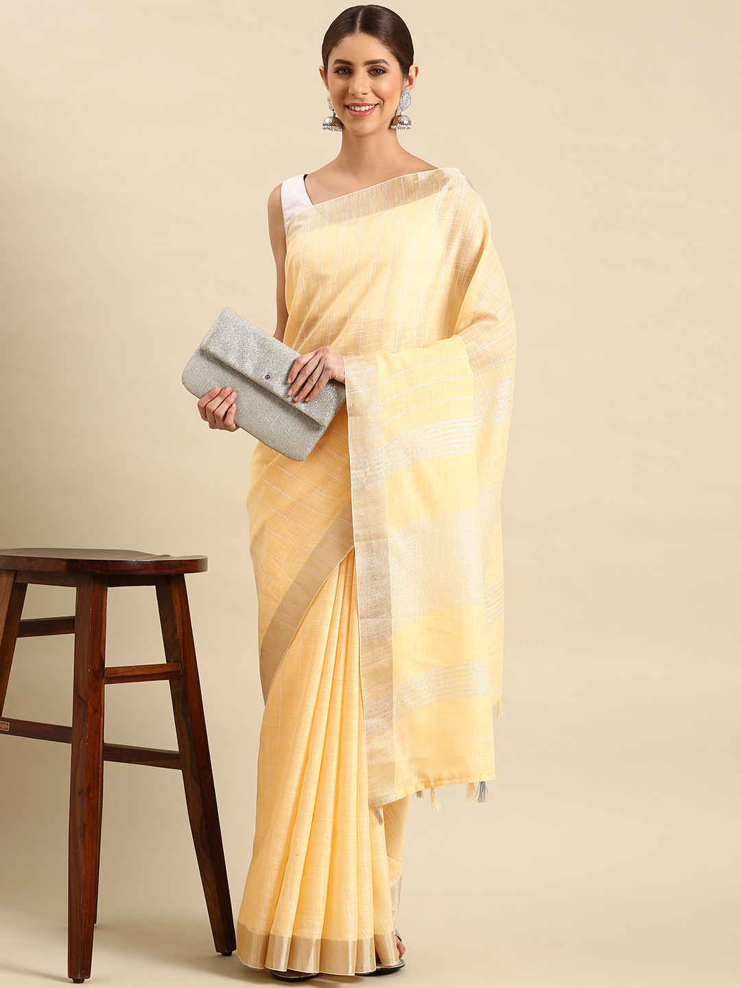 KALINI Woven Design Striped Zari Pure Linen Saree