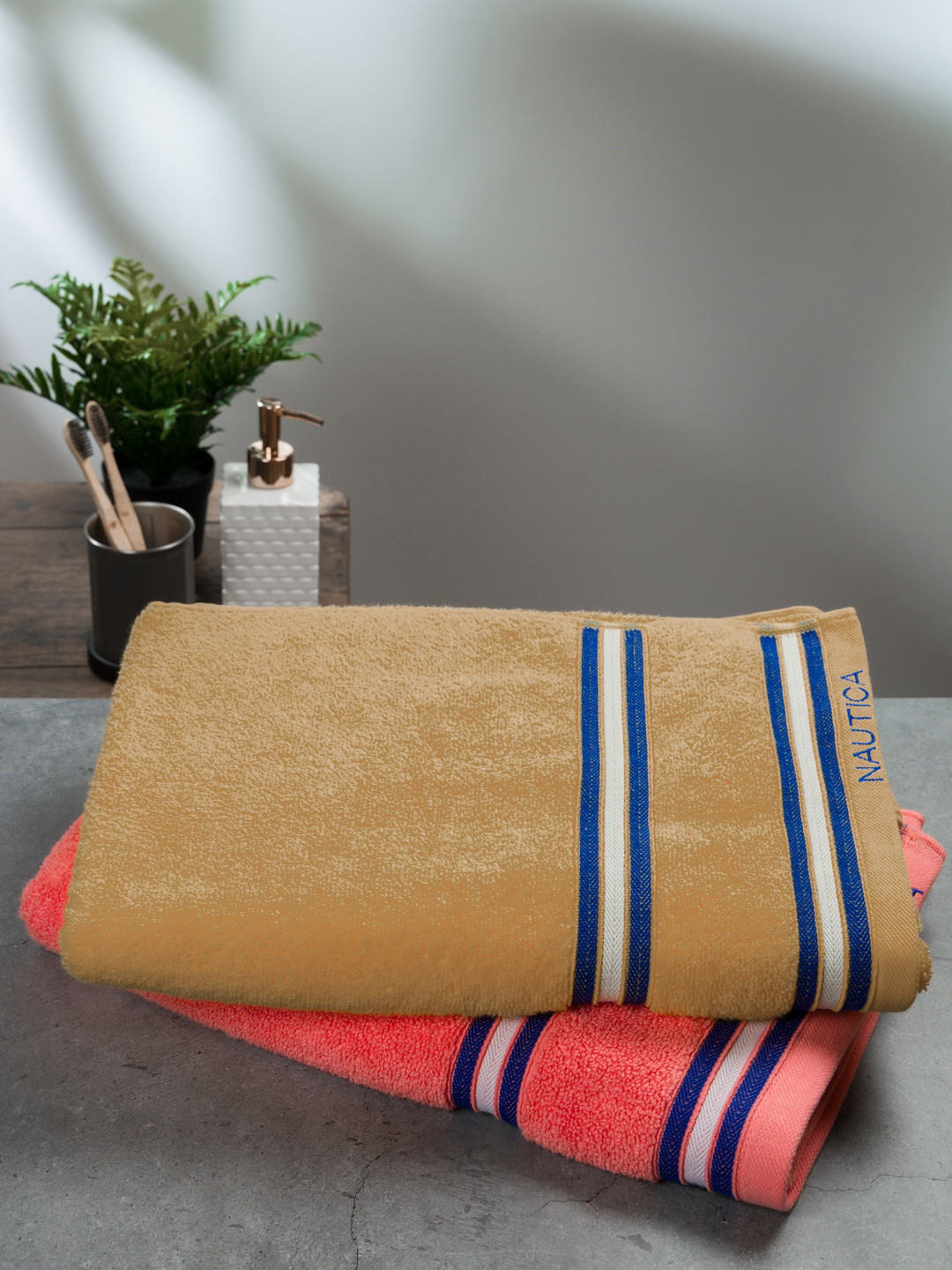 Nautica 2-Pieces Beige & Coral Peach-Colored 500 GSM Zero Twist Pure Cotton Bath Towels