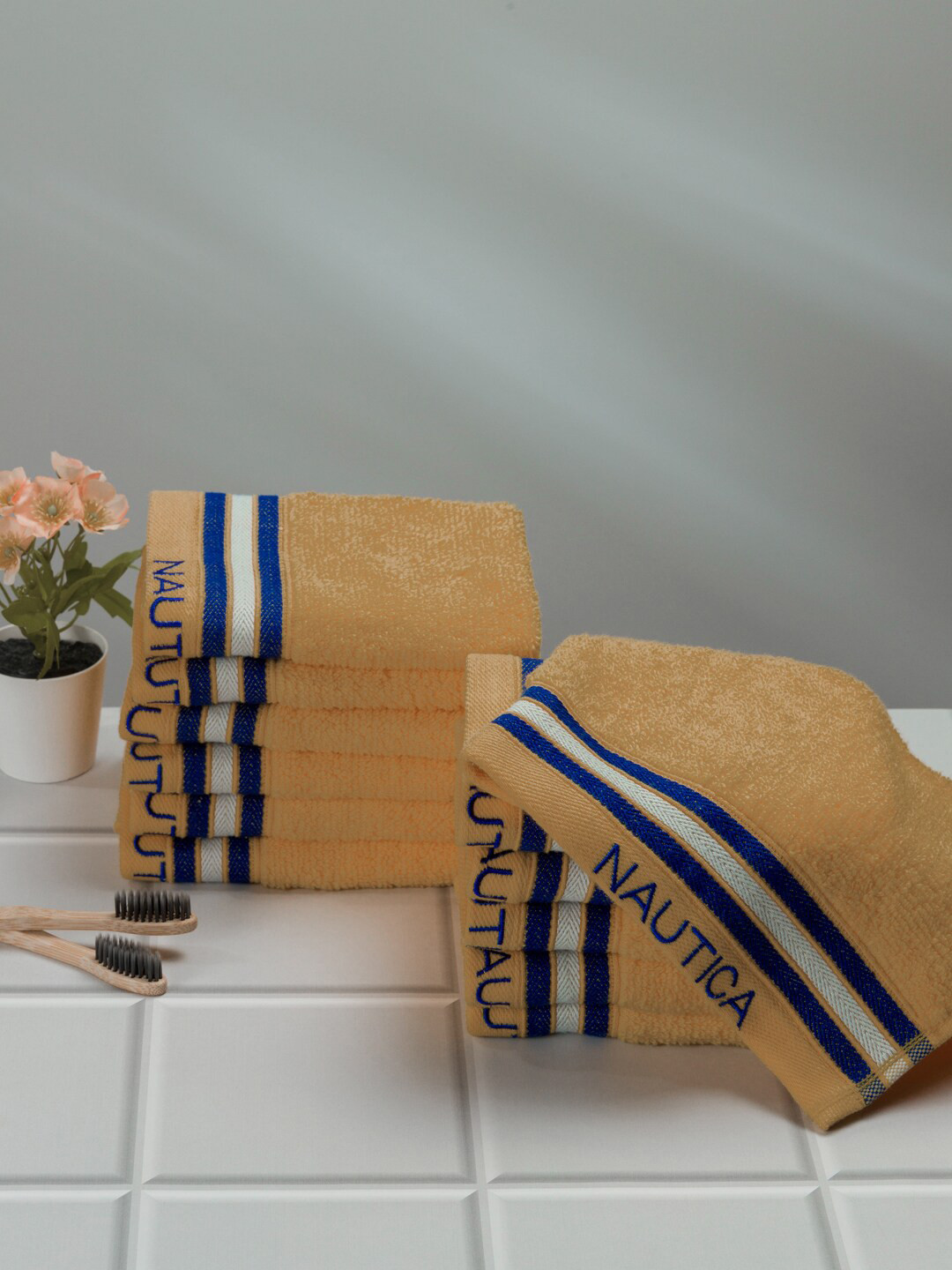 Nautica Beige & Blue 12 Pieces Pure Cotton Zero Twist 500GSM Face Towels